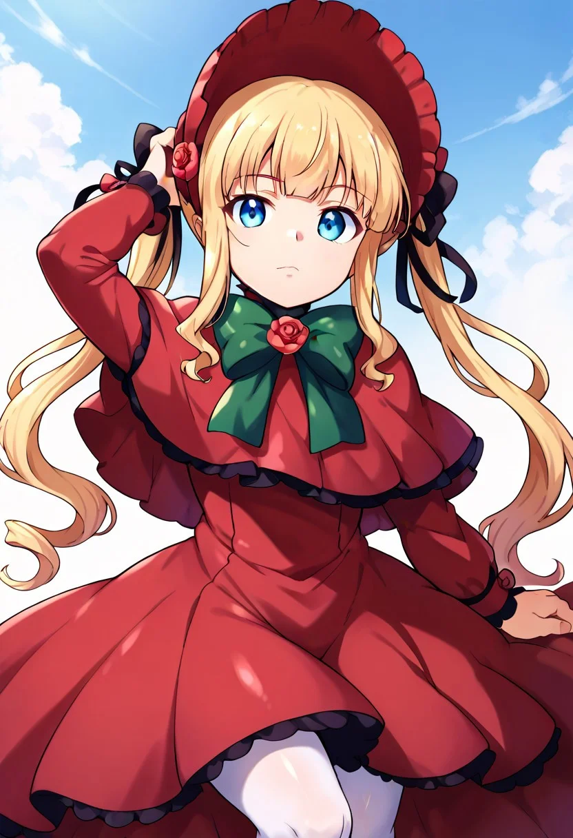 (zPDXL3),
(zPDXLxxx),
shinku,
capelet, dress, bonnet, bow, ribbon, white pantyhose,
1girl,
looking_at_viewer,
arm_up,