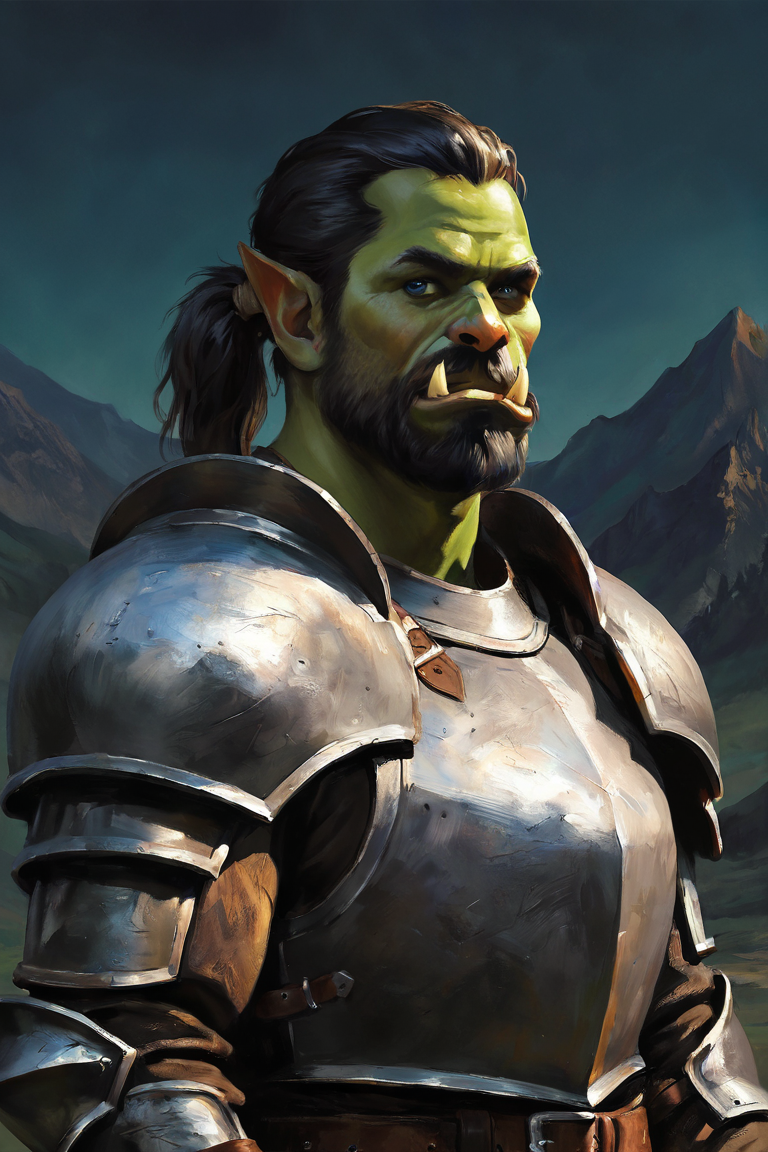 masterpiece, best quality, highres, newest, traditional media, realistic, 1boy, solo, male focus, mature male, orc, colored skin, green skin, tusks, blue eyes, medium hair, black hair, hair slicked back, ponytail, facial hair, beard, mustache, looking at viewer, full armor, shoulder armor, breastplate, pauldrons, upper body, closed mouth, standing, outdoors, mountain, night, night sky, dark background <lora:Eldritch Oil [LoRA] - NoobAI-XL EPS 1.0:1>