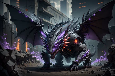 (robotic black and red dragon),(masterpiece, Extremely detailed, 8k, photorealistic,UHD,best quality, highres:1.3),robort,(photorealistic:1.2)(dept of field:1.2),dof, absurdres, (realistic:1.5),fine detail, HDR,  perfect illumination, distinct, , (open mouth),(cybernetic body),(fangs:1.2),(post-apocalyptic lanscape:1.2), wings, (claws),cyberpunk,electronic part,(breathing purple_fire:1.3),detailed eyes,
film grainy, insane details, intricate details, hyperdetailed, unreal engine, trend on artstation,highly detailed,science-fiction,futurist,
(mechanical),close up,
<lora:Dragons v1:0.3>,<lora:FINAL  Robort:0.2>