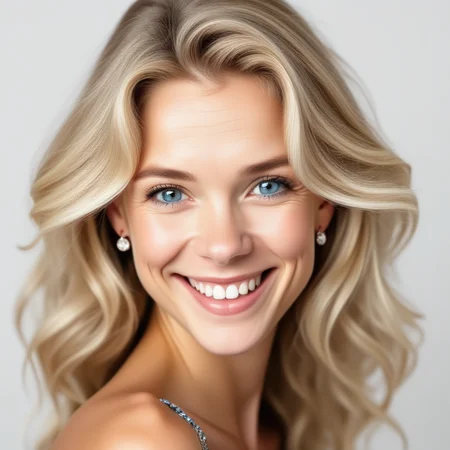 earrings, solo, simple background, blonde hair, blue eyes, smile, brown hair, teeth, white hair