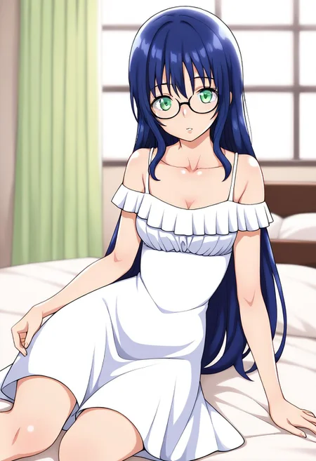 score_9, score_8_up, score_7_up, source_anime, source_cartoon, by idkn, 1girl, (akari, sundress, glasses:1.35), blue hair, solo, long hair, (perfect eyes, green eyes), indoors, dress, white dress, bare shoulders, day, looking at viewer, bed, bedroom, on side, medium breasts, lying, arm support, parted lips, collarbone, shiny, beautiful, off shoulder, window, curtains, good_hands