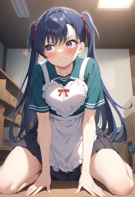1girl,sincos, ningen mame, toosaka asagi,solo,medium breasts,school uniform,
heart apron,apron, frills, frilled apron, <lora:heartapron_XL_v1:0.6>
ceiling, full body, looking to the side, blue hair, pink eyes,angry, fortresses, closed mouth, split ponytail hair,,
best quality, very aesthetic, absurdres