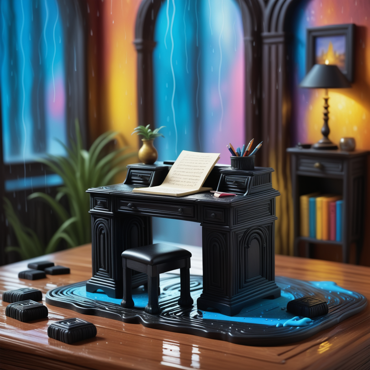 Writing desk, Raining, shallow depth of field, American Scene Painting, painterly, made out of Jed-Lcrce, <lora:LicoriceStyle-000007:1>, stunning, theatrical, set logical ambient background, romantic, sunny, ambient atmosphere, contemporary fine detail, cool colors, detailed, highly complex, creative