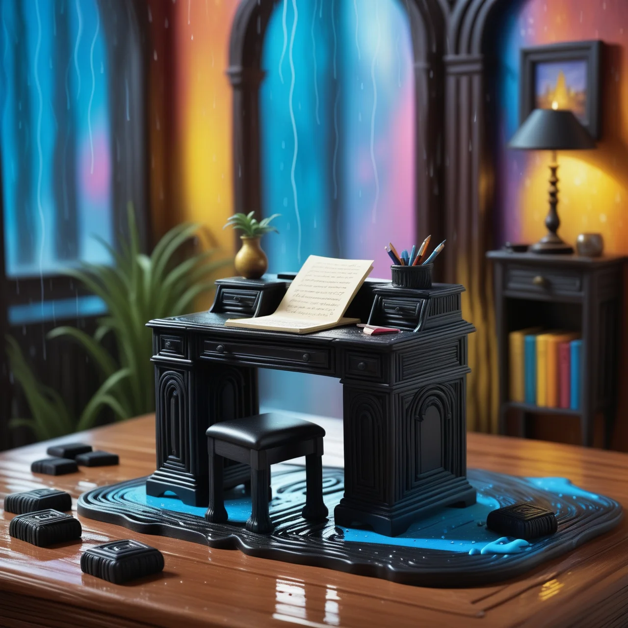 Writing desk, Raining, shallow depth of field, American Scene Painting, painterly, made out of Jed-Lcrce, <lora:LicoriceStyle-000007:1>, stunning, theatrical, set logical ambient background, romantic, sunny, ambient atmosphere, contemporary fine detail, cool colors, detailed, highly complex, creative