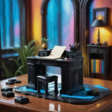 Writing desk, Raining, shallow depth of field, American Scene Painting, painterly, made out of Jed-Lcrce, <lora:LicoriceStyle-000007:1>, stunning, theatrical, set logical ambient background, romantic, sunny, ambient atmosphere, contemporary fine detail, cool colors, detailed, highly complex, creative