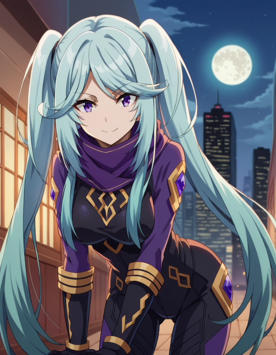 score_9, score_8_up, score_7_up, source_anime,
shadowepsilon, <lora:shadow-epsilon-ponyxl-lora-nochekaiser:1>,
epsilon, long hair, twintails, blue hair, purple eyes, sidelocks, smile,
bodysuit, scarf, purple scarf, gloves, black gloves,
outdoors, cityscape, night, moon, bent over,
looking at viewer, cowboy shot, dutch angle,