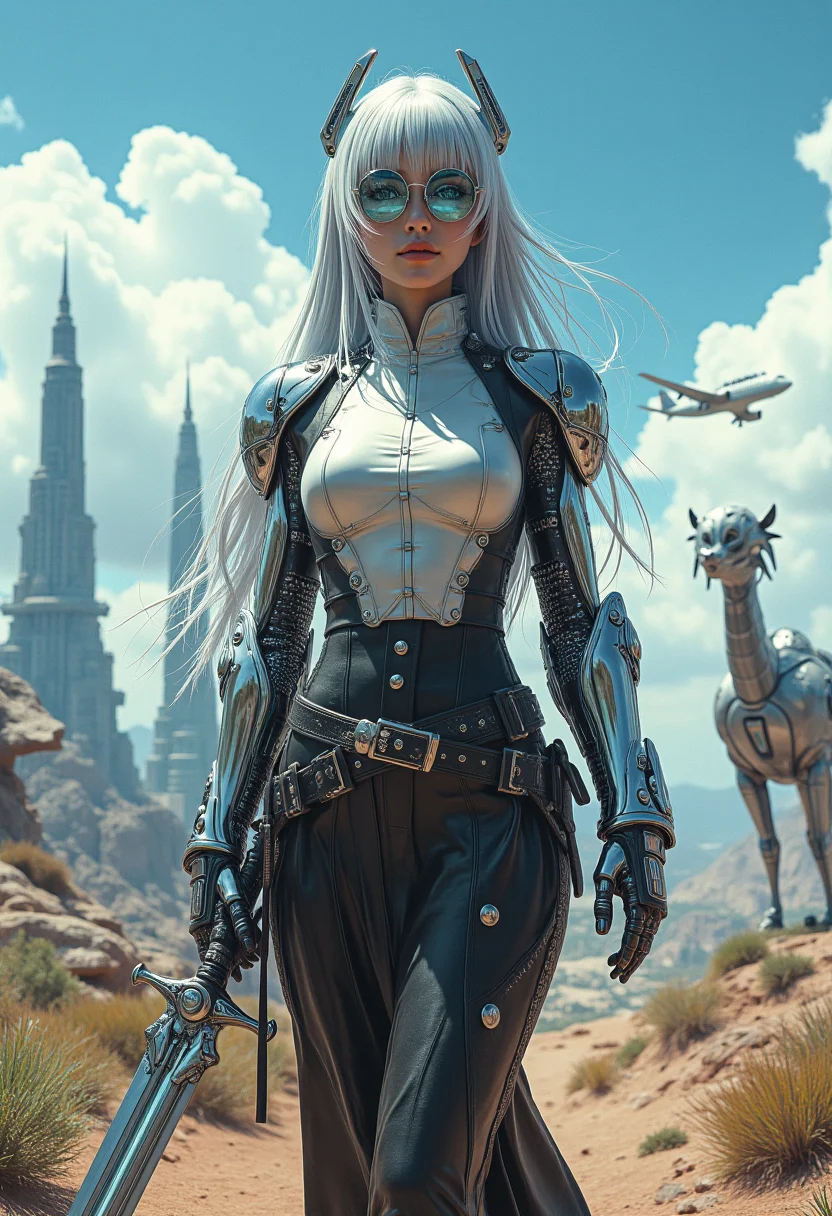 In this photograph conceived by me, we focus on a female cowboy set in a world full of futuristic technological elements intertwined with Japanese anime colors. The female cowboy has the characteristics of traditional Western cowboys —— a tight-fitting leather skirt paired with a waist-tight silk shirt, while her shoulders are adorned with two high-tech exoskeletons resembling mecha arms. These designs not only showcase great strength but also embody a futuristic aesthetic.

The hair of the female cowboy is replaced by a silver-colored wig that shines with metallic luster, long and straight, swaying with the wind as if it had its own life. Her glasses are a design that combines tradition and future perfectly, one side being a retro round frame style while the other integrates modern LED displays that can update information in real-time or serve as communication devices.

The most striking feature in this photograph is the long sword held by the female cowboy. Unlike traditional weapons, this sword is made of material that seems capable of cutting through air itself. The blade is wrapped with miniature circuits and fibers, emitting dazzling light and producing a stunning sound when it moves. This not only serves as her mark as a cowboy but also symbolizes her mastery and application of future technology.

The background setting is in a composite environment combining natural landscapes with high-tech facilities. In the distance, a large mechanical animal made of transparent material stands quietly, surrounded by futuristic urban landscapes that include both traditional architectural styles and ultra-futuristic towers and aircraft.

The entire image perfectly merges Hajime Sorayama's unique aesthetics with the traditional image of cowboys, presenting a new visual experience that immerses viewers in this peculiar world where future technology and classic cowboy culture intertwine.

8k,uhd,hdr,best quality,hyper detail,ray tracing,cinematic feel,professional photography lighting.

midjourneyv6.1.