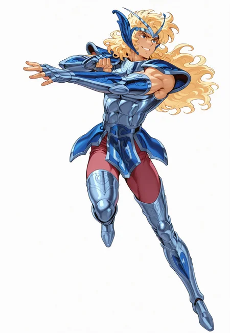 safe_pos, masterpiece,best quality,amazing quality, NishimuraXL, cephalbioreilxl, 1boy, male focus, toned male, blue eyes, wavy long hair, blonde hair, blue circlet, blue pauldrons, blue breastplate, elbow length vambraces, blue faulds, maroon pants, thighhigh greaves, fingerless gloves, ((action pose)), smile, plain white background, white background,
