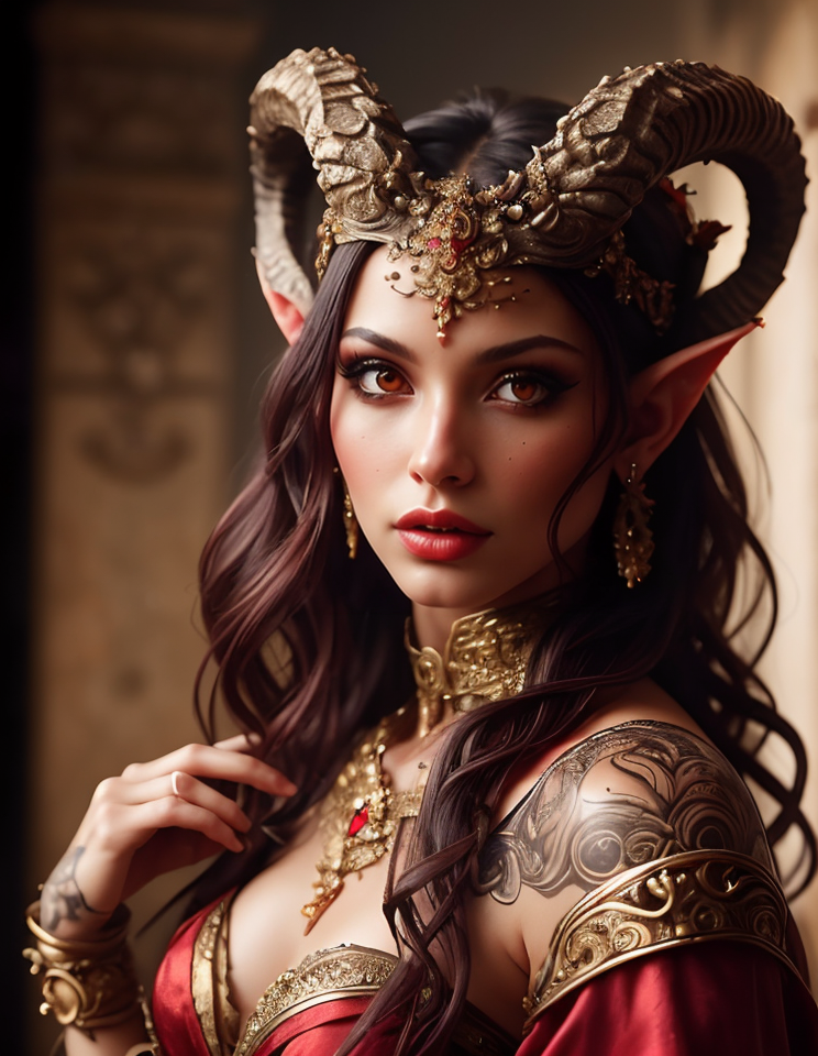 RAW photo, (masterpiece:1.3), subsurface scattering, heavy shadow, (high quality:1.4), (intricate, high detail:1.2), professional photography, HDR, High Dynamic Range, realistic, ultra realistic, photorealistic, high resolution, film photography, ambient lighting, atmospheric effects, <lora:detail_slider_v4:2>, OverallDetail, a female tiefling thief, (red skin), heavy makeup, intricate sexy silk robes, belt, bracers, jewelry, (very small horns), tiara, <lora:Tiefling:0.7>, epiCPhoto, <lora:zoom_slider_v1:-2>