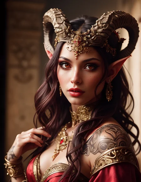 RAW photo, (masterpiece:1.3), subsurface scattering, heavy shadow, (high quality:1.4), (intricate, high detail:1.2), professional photography, HDR, High Dynamic Range, realistic, ultra realistic, photorealistic, high resolution, film photography, ambient lighting, atmospheric effects, <lora:detail_slider_v4:2>, OverallDetail, a female tiefling thief, (red skin), heavy makeup, intricate sexy silk robes, belt, bracers, jewelry, (very small horns), tiara, <lora:Tiefling:0.7>, epiCPhoto, <lora:zoom_slider_v1:-2>