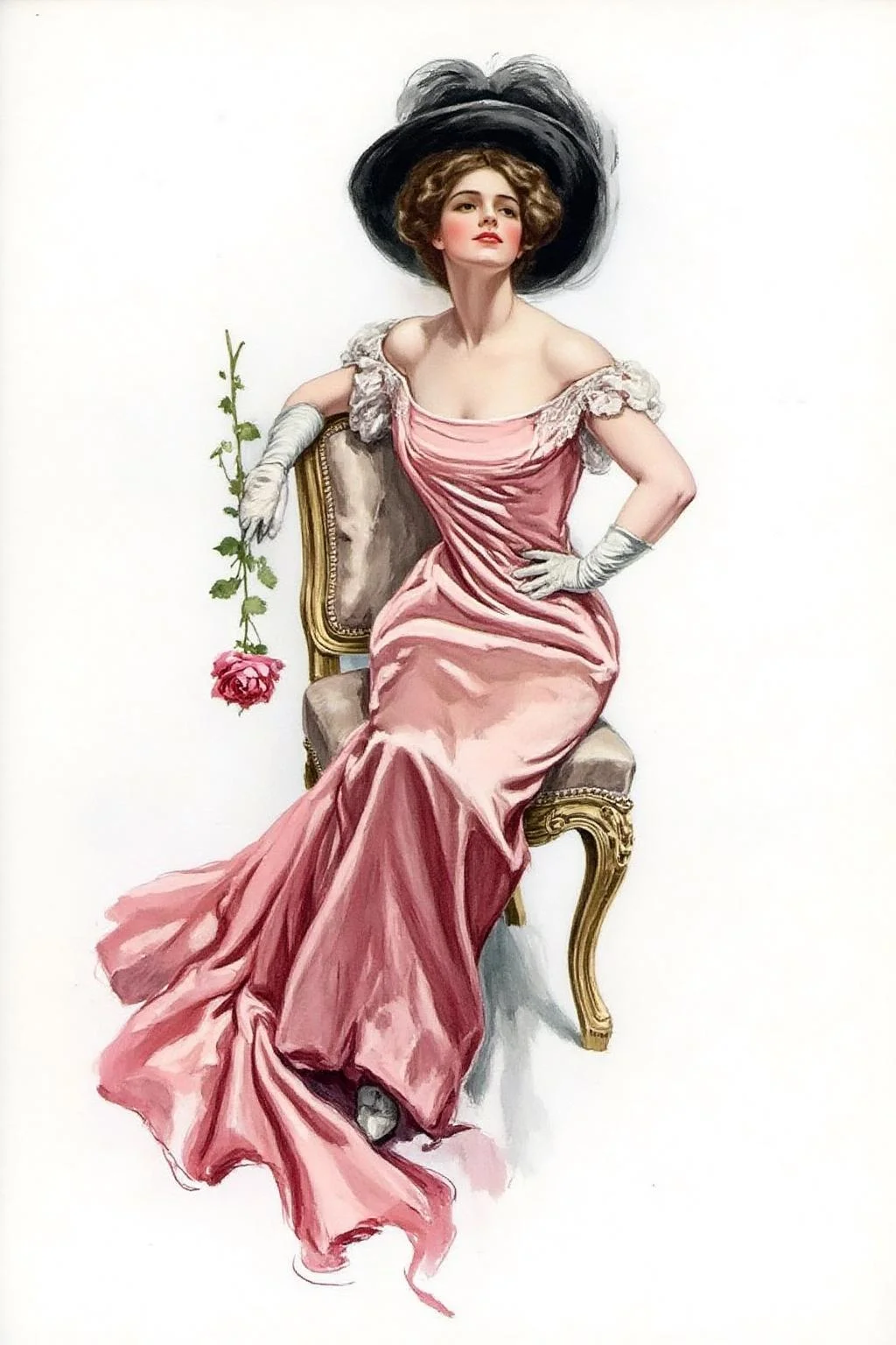 hafisher1 illustration.
A woman seated on a ornate, upholstered chair with a gold frame. The woman is dressed in a long, elegant gown in shades of pink and white, with a flowing, satin-like texture. The dress has a fitted bodice with a sweetheart neckline and long, flowing sleeves that puff out slightly at the shoulders, adorned with intricate lace or delicate embroidery. She wear long white glove and is holding a long stem rose. <lora:hafisher1_cap_d6a3e12:1.0><lora:829844521467744317:0>