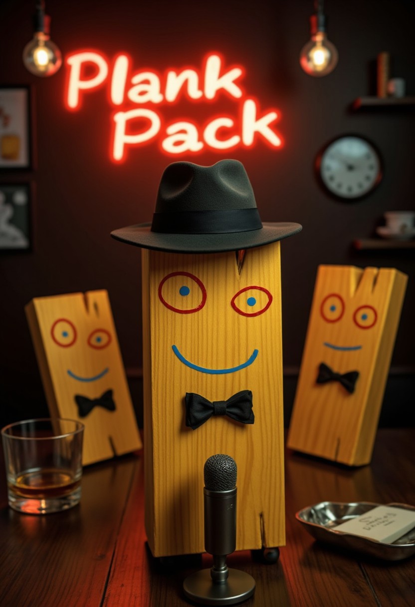 A photorealistic vintage-style image featuring multiple Planks with an expressive face, wearing a classic fedoras and a bowties. The scene has a nostalgic lounge vibe with subtle hints — a whiskey glass and an ashtray in the background. An old-school, vintage microphone is placed before Plank. In the background A neon text sign, in retro lettering boldly reads "Plank Pack" Focus solely on the plank with the fedora, capturing a moody, timeless atmosphere of the famous Rat Pack featuring Dean Martin, Frank Sinatra and Sammy Davis Jr.
