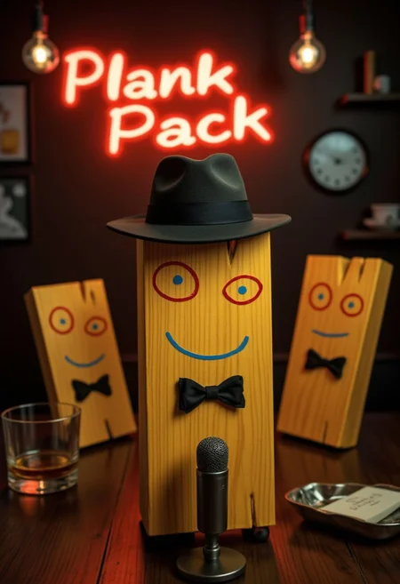 A photorealistic vintage-style image featuring multiple Planks with an expressive face, wearing a classic fedoras and a bowties. The scene has a nostalgic lounge vibe with subtle hints — a whiskey glass and an ashtray in the background. An old-school, vintage microphone is placed before Plank. In the background A neon text sign, in retro lettering boldly reads "Plank Pack" Focus solely on the plank with the fedora, capturing a moody, timeless atmosphere of the famous Rat Pack featuring Dean Martin, Frank Sinatra and Sammy Davis Jr.