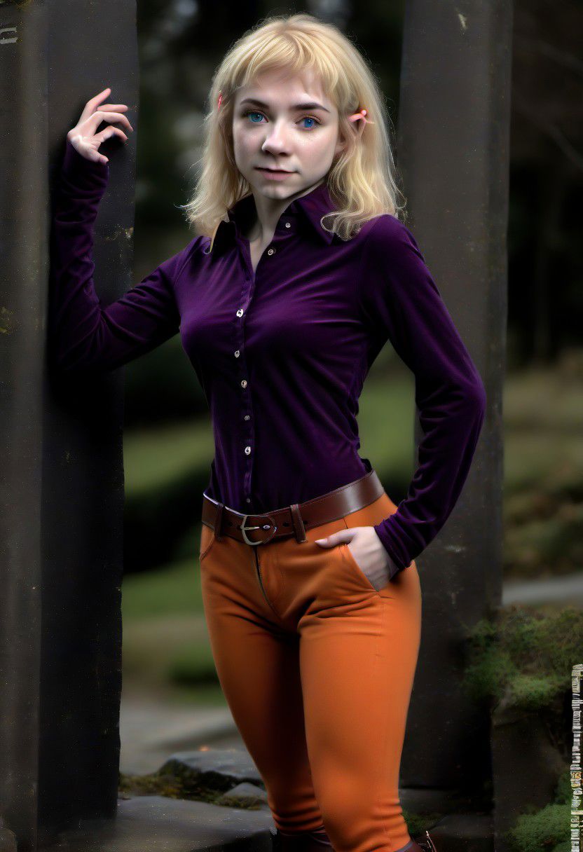 photo of pale (Age 19) female (halfling:1.75), flat chested, tiny nipples, rectangle body shape, shaggy blonde, middle part, blue eyes, ((Dark purple)/(Dark Orange) masculine shirt/pants), homely, tiny, petite, thin, toned, lithe, full body, outdoors, HDR