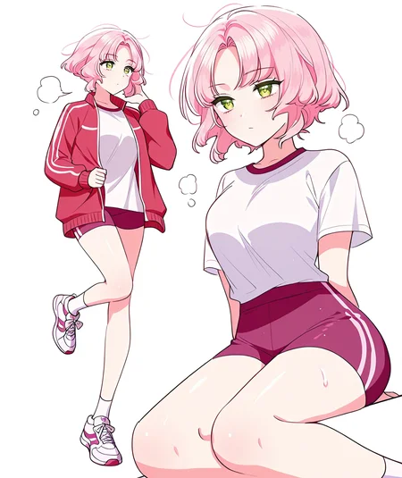 masterpiece, best quality, amazing quality, very aesthetic, absurdres, newest, scenery, 1girl, solo, <lora:Kiana_Frellai:1>, frellai, pink hair, emerald eyes, short hair, sports shorts, sports jacket, t-shirt, multiple views, white background