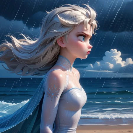 score_9, score_8, score_7, score_6, Elsa, 1girl, fFaceDetail, OverallDetail, beach, long hair, hair blowing in the wind, determined look, wet, tight silver dress, stormy weather, windy, dark clouds, rain, at night