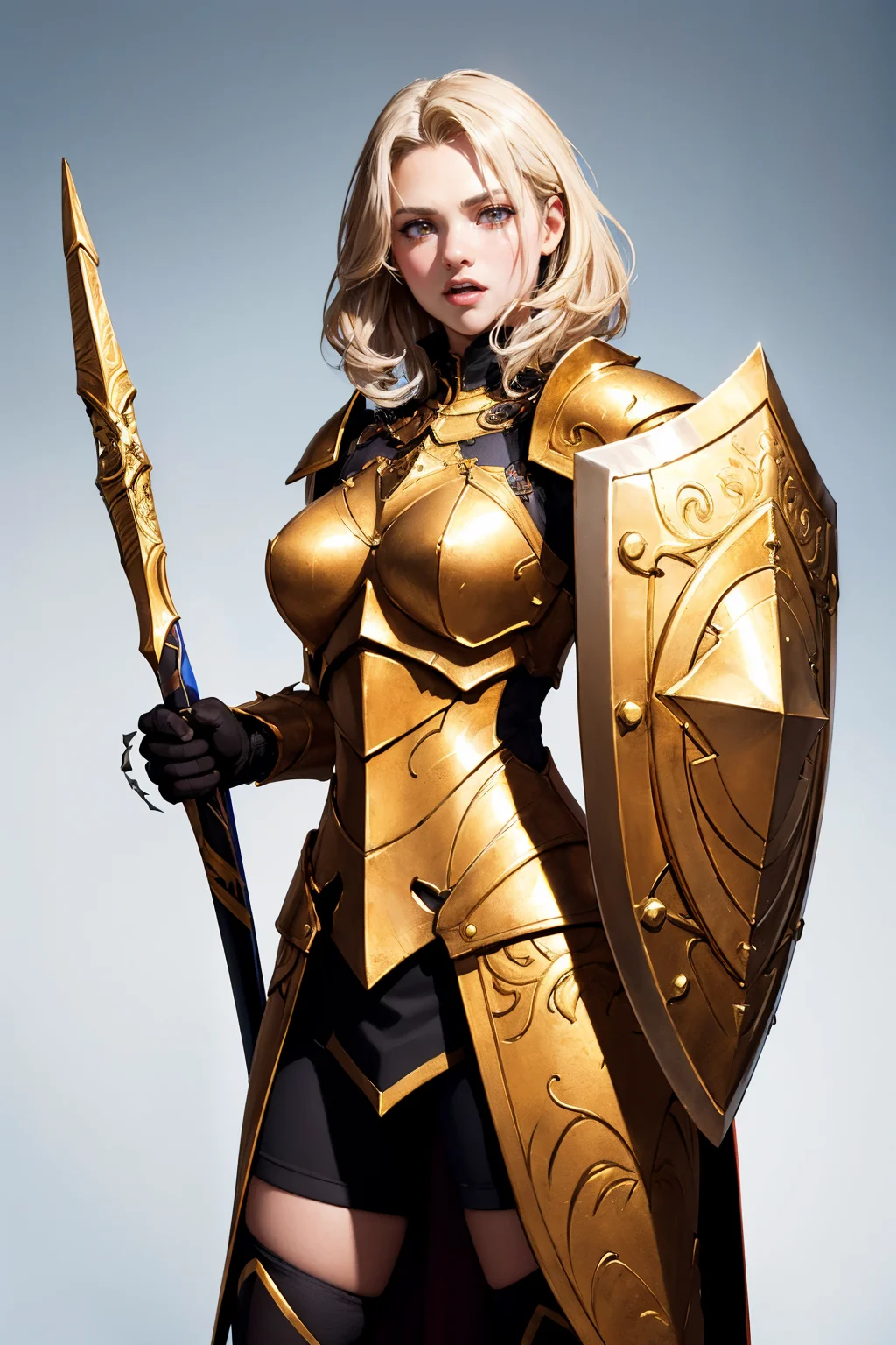 an illustration of a female paladin adorned in holy armor, wielding a holy shield, closed mouth, spiked armor, gold trim, standing, majestic background
masterpiece, best quality, intricate detail, high background detail, high contrast, <lora:emotion_angry_slider_v1:1> raytracing, <lora:backlight_slider_v10:1> <lora:contrast_slider_v10:2>