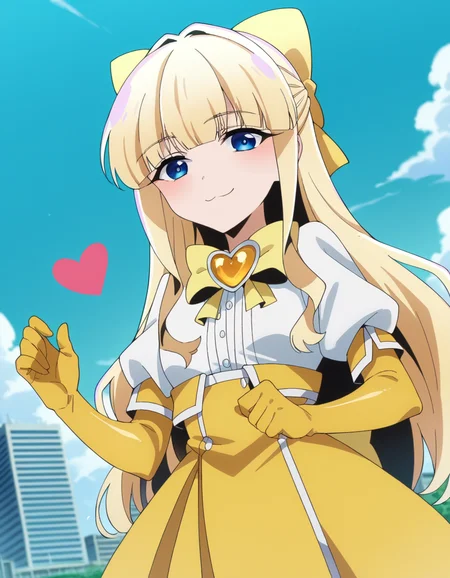 score_9, score_8_up, score_7_up, source_anime,
kaorukotenkawa, <lora:kaoruko-tenkawa-ponyxl-lora-nochekaiser:1>
kaoruko tenkawa, long hair, blue eyes, blonde hair, bow, hair bow, yellow bow,
gloves, dress, heart, elbow gloves, magical girl, yellow gloves,
outdoors, cityscape, smile,
looking at viewer, dutch angle, cowboy shot