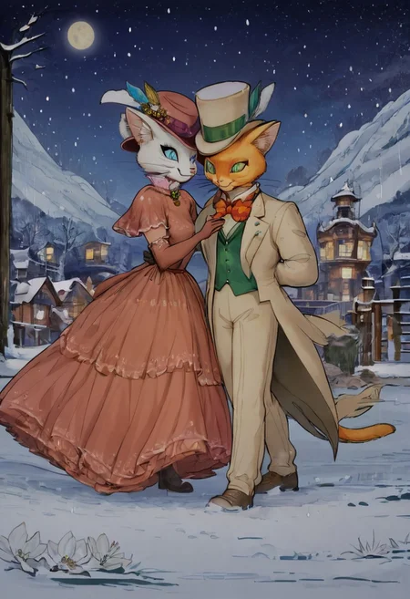 score_9, score_8_up, score_8, cute, in the style of beatrix potter, cel-shading, fca style, baroness louise, white fur, cat, female cat, anthro, baron humbert, ginger fur, cat, male, anthro, suit, tuxedo, blue bow-tie, blow-tie, white gloves, 1girl, furry, hat, 1boy, bowtie, dress, whiskers, hetero, bow, furry female, furry male, formal, gloves, traditional bowtie, top hat, smile, suit, animal ears, elbow gloves, red dress, smiling, blue eyes, walking, walking together, small town background, at night, moon, starry sky, snowy, snowing, nice landscape, woth design