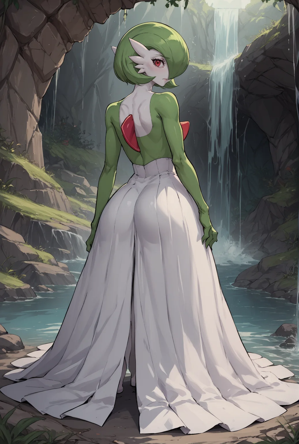 score_9, score_8_up, score_7_up, score_6_up, score_5_up, score_4_up, <lora:gardevoir_v2:1> gardevoir, white dress, creature, game freak, nintendo, pokemon, bangs, colored skin, female focus, flat chest, gen 3 pokemon, green hair, green skin, hair over one eye, multicolored skin, red eyes, short hair, two-tone skin, white skin, falls back, back, hole, black, fall into a black hole, falls back, fade in the dark, distress, caught, trapped, head looking behind, <lora:Cyberboi_-_Artstyle:1> highly detailed, absurdres