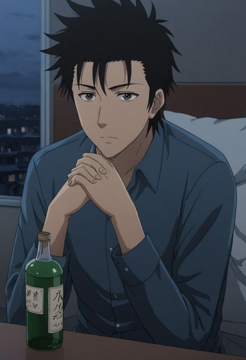 Highres, Masterpiece, High Quality, 4K, 8K, solo, 1Boy, Soujirou Agata, brown eyes, black hair, Sad, share, deep talk, hotel room, dim weather, sitting, weak, facing viewer, complicated, anxious, empty alcohol bottle, self torture, alone, lost, hopeless, hearthless, helpless, easynegative, detailed_eye_model