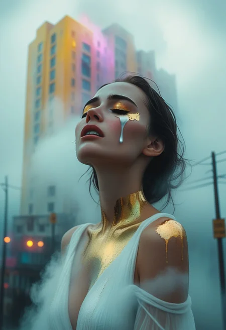 Connection form and reality. Surreal. blurry dreams. muted colors. White, gold, and black. Masterful work of art. Drifting fog. Woman with tears.
perfection style, vivid colors, colorful, vivid background, holographic, building, sky, sciencefiction, ImaginaryCityScapes, midjourneyv6.1