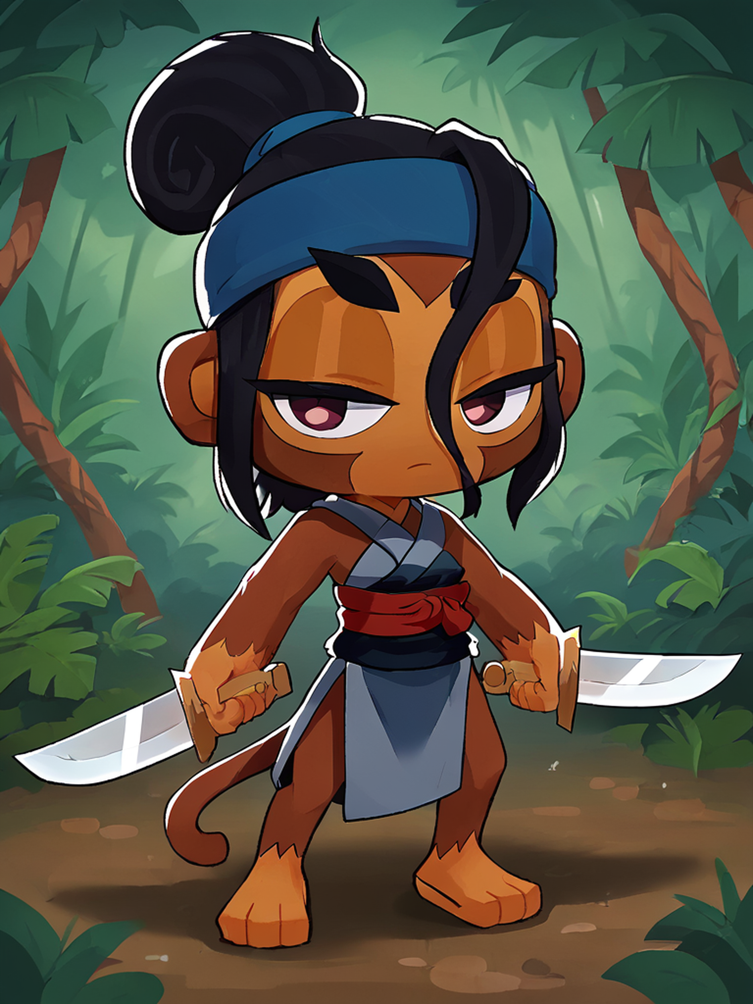 score 6 up,score 7 up,<lora:BTD6:0.8>,btd6,no nose,monkey,furry,half closed eyes,sauda,sword,holding sword,black hair,blue headband,1girl,jungle background,full body,