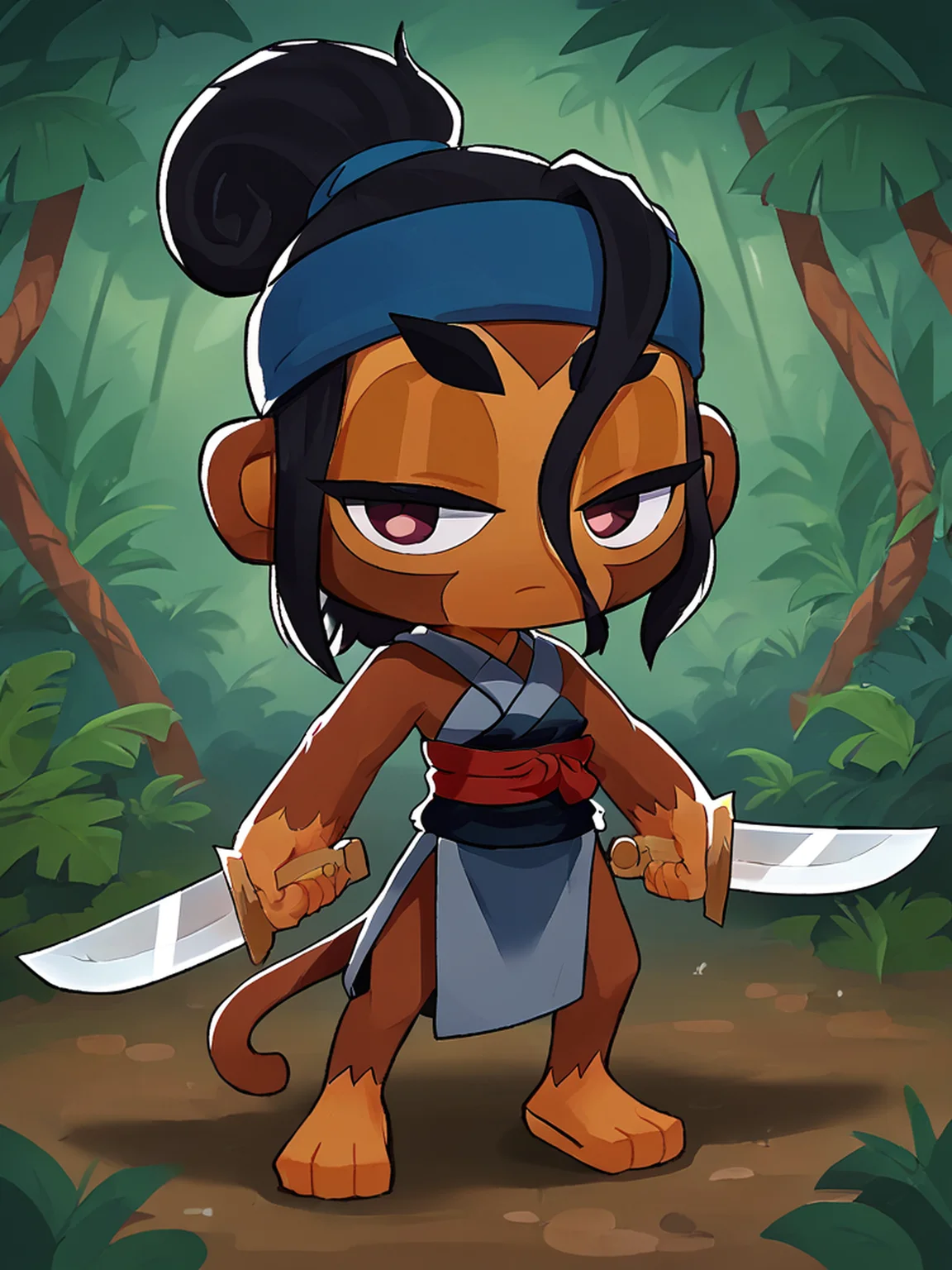score 6 up,score 7 up,<lora:BTD6:0.8>,btd6,no nose,monkey,furry,half closed eyes,sauda,sword,holding sword,black hair,blue headband,1girl,jungle background,full body,