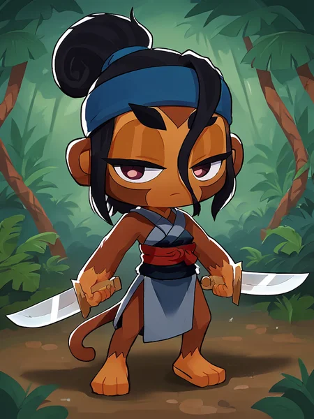 score 6 up,score 7 up,<lora:BTD6:0.8>,btd6,no nose,monkey,furry,half closed eyes,sauda,sword,holding sword,black hair,blue headband,1girl,jungle background,full body,