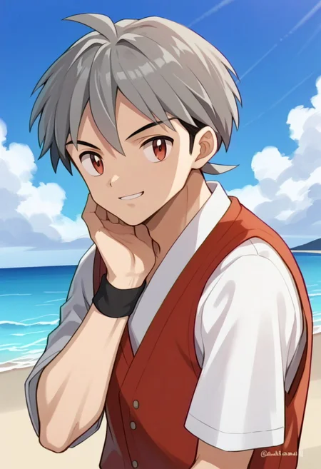 (source_anime, score_9, score_8_up, score_7_up:1), cowboy shot, 1boy, solo, grey hair, red eyes, short hair, hand on chin, red vest, white shirt, wristbands, looking at viewer, smile, outdoors, sky, beach, sea, clouds, pokemon