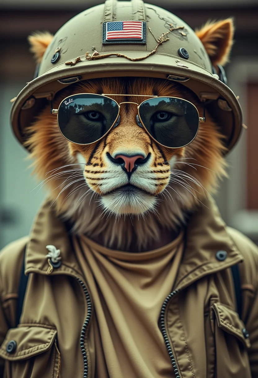 yfg-cehda Highly detailed, cinematic photography of a grumpy anthropomorphic lion as a US Marine. Wearing a battered khaki T-shirt, disheveled military jacket, and a helmet. He has Ray-Ban sunglasses. Upper body close-up, emphasizing his rugged and untidy appearance. Background is blurred to focus on the fox's detailed military persona, textured fur, and worn-out attire. Studio-quality lighting highlights his somber expression and scruffy attire. A distinctly brutal hippie style from the 60's and 70's.