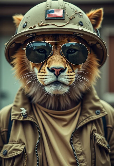 yfg-cehda Highly detailed, cinematic photography of a grumpy anthropomorphic lion as a US Marine. Wearing a battered khaki T-shirt, disheveled military jacket, and a helmet. He has Ray-Ban sunglasses. Upper body close-up, emphasizing his rugged and untidy appearance. Background is blurred to focus on the fox's detailed military persona, textured fur, and worn-out attire. Studio-quality lighting highlights his somber expression and scruffy attire. A distinctly brutal hippie style from the 60's and 70's.