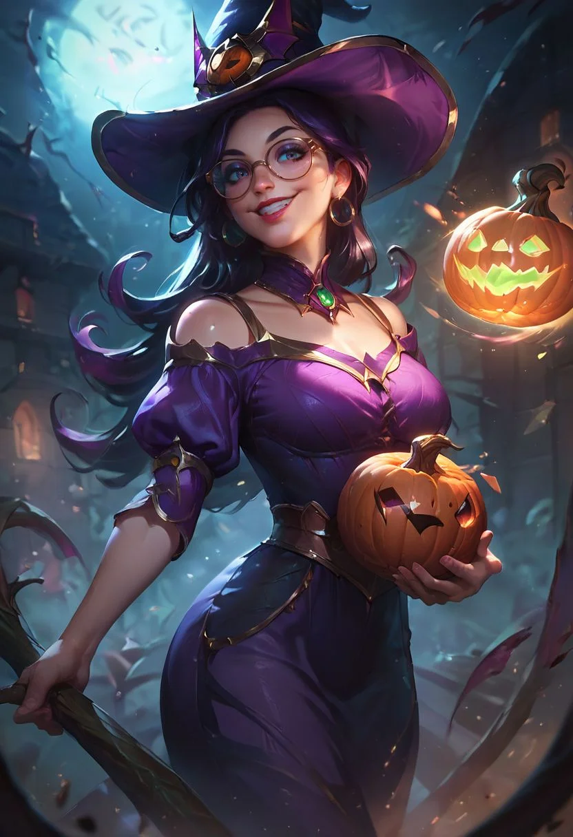 score_9, score_8_up, score_7_up, score_6_up, score_5_up, score_4_up, 1girl, solo, wearing purple top, glasses, long hair, dark hair, lip gloss, eye shadow, smile, portrait, close-up, holding pumpkin, <lora:ArtStyle_Bewitching_Fantasy:0.7> b3w1tch, witch hat, golden details, <lora:(1)RealistifyPONY:0.6>