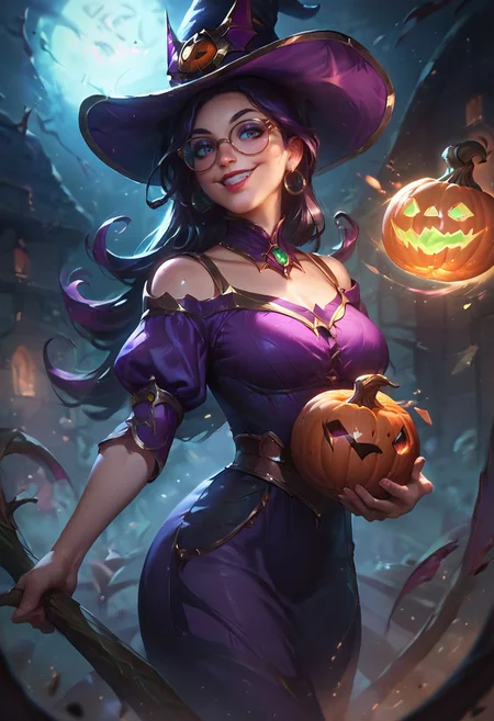 score_9, score_8_up, score_7_up, score_6_up, score_5_up, score_4_up, 1girl, solo, wearing purple top, glasses, long hair, dark hair, lip gloss, eye shadow, smile, portrait, close-up, holding pumpkin, <lora:ArtStyle_Bewitching_Fantasy:0.7> b3w1tch, witch hat, golden details, <lora:(1)RealistifyPONY:0.6>