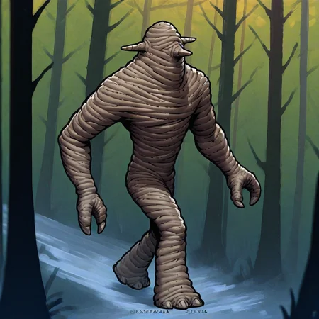 Score_7_up, score_8_up, solo, pascaH, monster, wrinkly body, no face, horns, full body, claws, forest, walking,