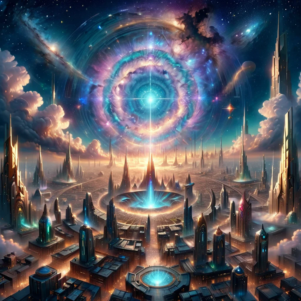 Masterpiece,8k,absurd resolution,I
ImaginaryCityScapes,astral city,outdoors,sky,cloud,no humans,building,star (sky),scenery,starry sky,science fiction,fantasy,astral portal focus
,<lora:City_scapes_XL:0.6>