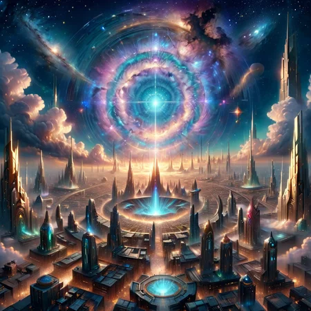 Masterpiece,8k,absurd resolution,I
ImaginaryCityScapes,astral city,outdoors,sky,cloud,no humans,building,star (sky),scenery,starry sky,science fiction,fantasy,astral portal focus
,<lora:City_scapes_XL:0.6>