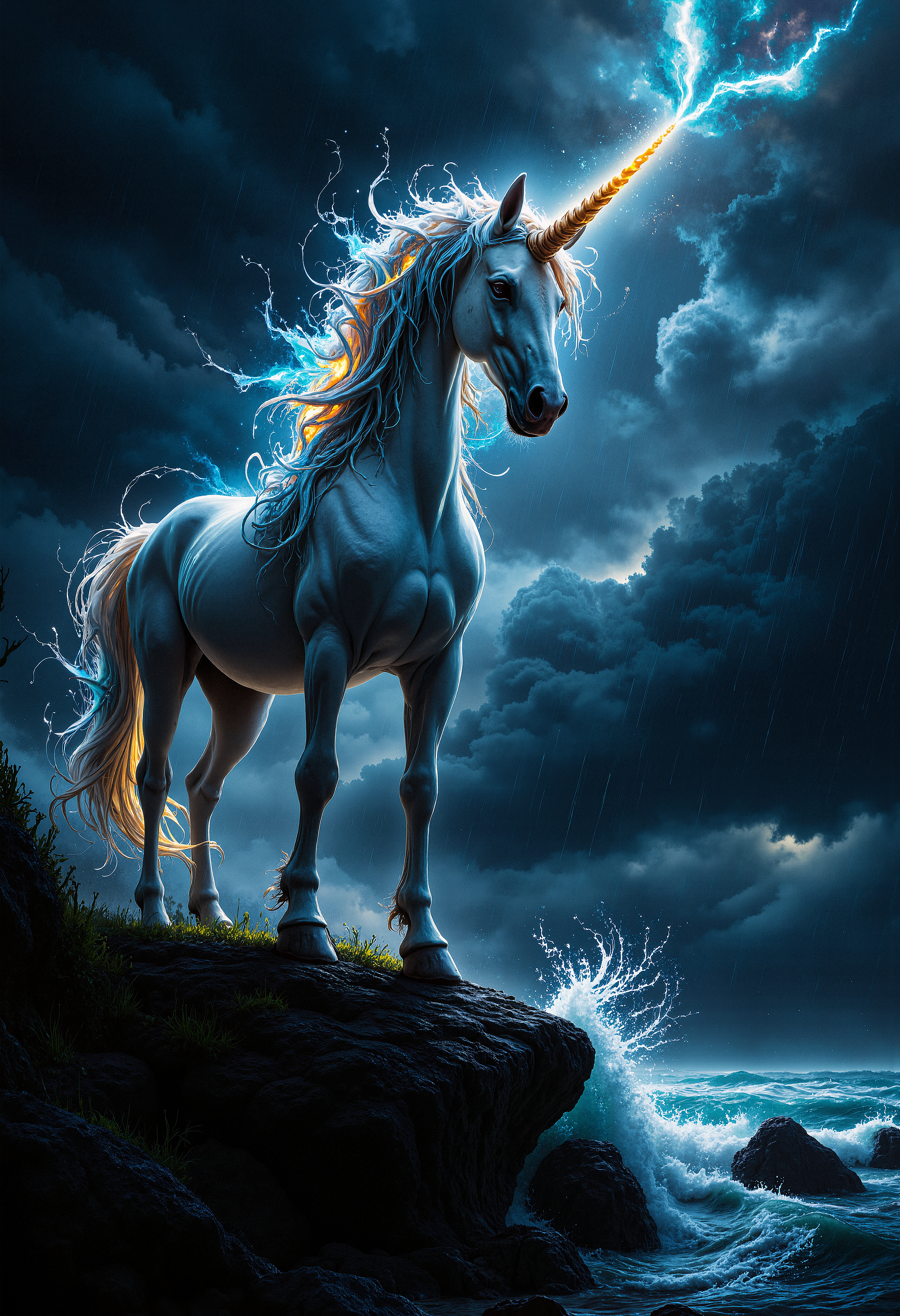 A majestic unicorn standing on a cliff's edge during a stormy night. The unicorn has a glowing, spiraled horn and a flowing mane that glows with an ethereal light, blending shades of silver and blue. Its white coat is sleek and shines with a faint luminescence. The cliff is rugged, with jagged rocks and sparse, windblown vegetation. Below, the ocean waves crash violently against the rocks, sending sprays of water into the air. Dark clouds fill the sky, illuminated by occasional flashes of lightning, creating a dramatic and intense atmosphere. The lighting highlights the unicorn's mystical presence amidst the storm, with rain softly falling around, creating a surreal and powerful scene.  <lora:flux_vividizer:0.8>  <lora:aidmaImageUpgrader-FLUX-V0.1:0.33> detailmaximizer, <lora:aidmaMJ6.1-FLUX-V0.1:0.6> midjourneyv6.1,