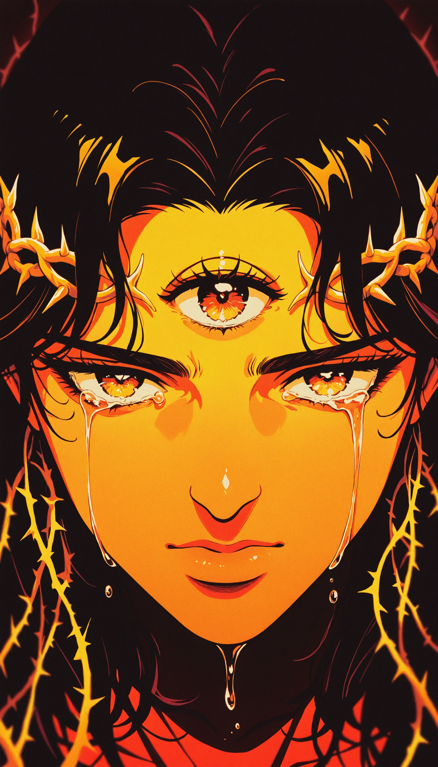 melanch0ly, retro anime, 1990s, masterpiece, best quality, absurdres, messiah, 1boy, solo, golden crown of thorns, tears, surreal, third eye, portrait, volumetric lighting, film grain, <lora:Melancholyv2:1>, <lora:illustriousXL_stabilizer_v1.72:0.4>, <lora:NOOB_vp1_detailer_by_volnovik_v1:0.4>