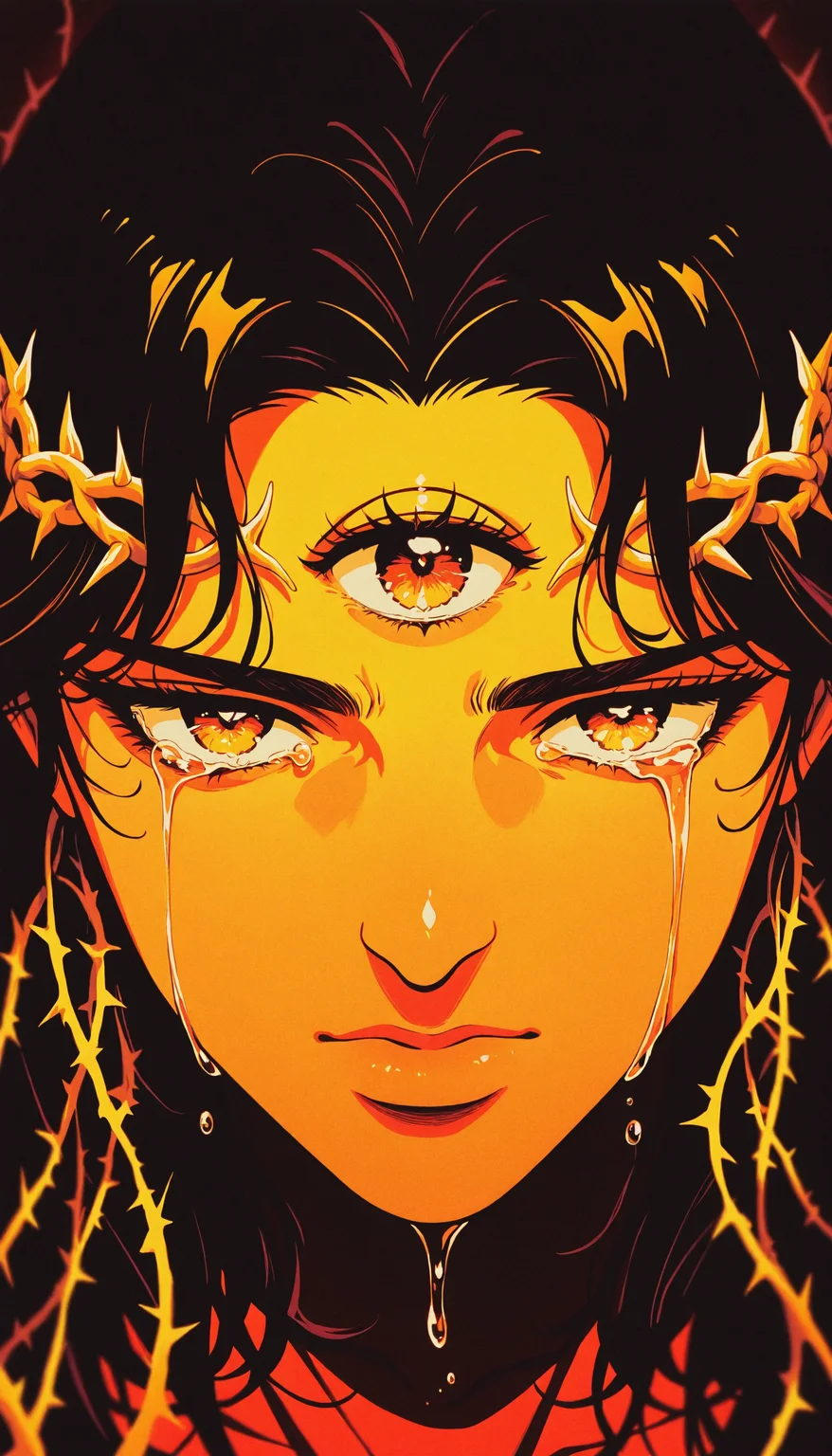 melanch0ly, retro anime, 1990s, masterpiece, best quality, absurdres, messiah, 1boy, solo, golden crown of thorns, tears, surreal, third eye, portrait, volumetric lighting, film grain, <lora:Melancholyv2:1>, <lora:illustriousXL_stabilizer_v1.72:0.4>, <lora:NOOB_vp1_detailer_by_volnovik_v1:0.4>