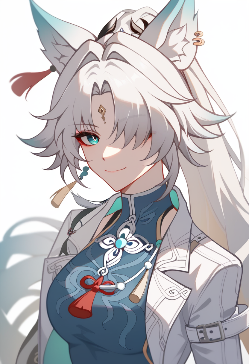score_9,score_8_up,score_7_up,<lora:feixiao_v2:1>,head_tilt, hair_over_one_eye, white_coat, collared_coat, light_smile, 1girl, looking_at_viewer, feixiao_\(honkai:_star_rail\), chinese_clothes, open_coat, closed_mouth, simple_background, white_background, forehead_jewel, highres, solo