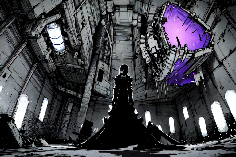 highly insanely detailed, masterpiece, top quality, best quality, highres, 4k, 8k, RAW photo, (very aesthetic, beautiful and aesthetic),  
tsutomu nihei,nihei_tsutomu,blame!,blame gakuen!,abara,TNstyle,sidonia_no_kishi,(hangar,tunnel,deep horizon,mausoleum,giant room),lantern,dystopia,destroyed,biomachine,bioluminescence, 
<lora:ABARA:0.8>, 
(1girl:1.3), 
solo focus, 
radiant purple background,âââ