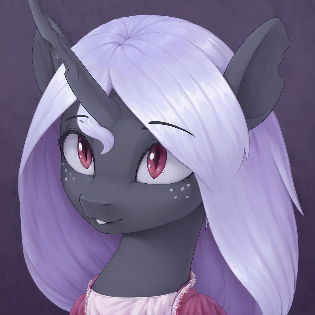 masterpiece, score_9, score_8_up, score_7_up, (best quality:1.1), ultra-detailed, high resolution, 1character, Queen Gytha, changeling, feral, holey hoofs, ragged ears, crooked horn, insect wings, black skin, 2pink freckles under the left eye, 2pink freckles under the right eye, very light purple membrane hair, raised black eyebrows, (((beautiful detailed red eyes))), Highly Visible, cute, portrait of a leader, modest ruler outfit, sharp focus, perfect lighting, beautiful eyes, eyelashes, anatomically correct, extremely detailed, high detail, cute face, delicate smile, Expressiveh, simple background, OverallDetail, zPDXL2