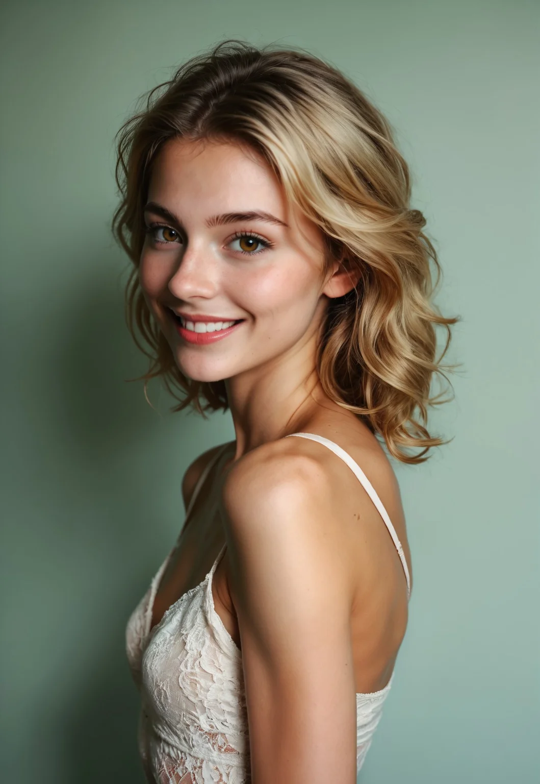 safe_pos, score_9, score_8_up, score_7_up, award-winning photograph, photorealistic, 8K UHD photograph, realism, 1girl, (side view, looking over-her-shoulder),photo, photorealistic, teasing smile, looking past viewer, sexy, 18yo, (youthful), 1 girl, sharp focus, small breasts, (Italian), olive skin, (blonde hair with dark roots), slender, perfect body, friendly smile, high-resolution photograph of a beautiful girl, with cinematic grading and dynamic lighting, this image captures her charm and charisma in a movie-like atmosphere, masterpiece, high-definition, 4k 8k, DSLR, analog film, incredibly detailed face and eyes, skin details, subtle skin blemishes, even lighting, cinematic shot, 75mm, Technicolor, Panavision, cinemascope, sharp focus, fine details, 8k, HDR, realism, realistic, film still, cinematic color grading, depth of field, beautiful, extremely detailed background, ((detailed skin)), zPDXL3, real life photo, Photo Real