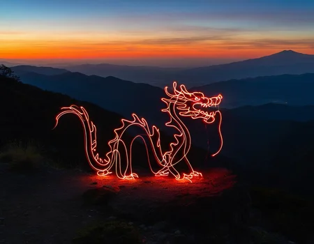 light painting of a japanese dragon on a mountain