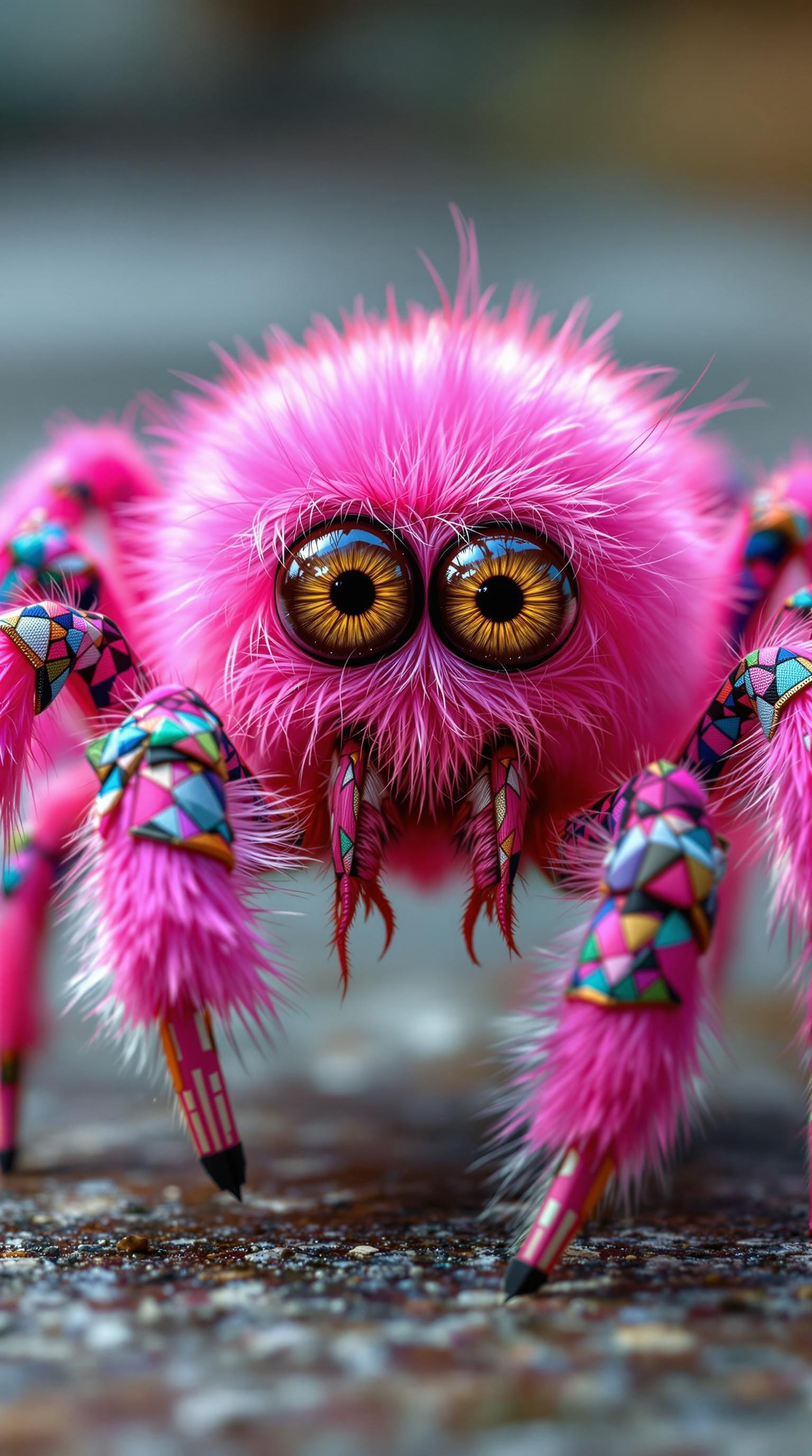 "Create a hyper-stylistic image of an adorable, yet unsettling, fuzzy pink spider. The spider's body is a vibrant, electric pink, with an impossibly fuzzy texture that seems to invite touch. Its eight feet are each clad in a pair of cool, colorful sneakers, complete with intricate laces and soles that seem to be custom-made for this fashion-forward arachnid. But the most striking feature of this spider is its eyes - two large, human-like orbs that seem to stare out with a curious, almost intelligent, gaze. The eyes are a deep, soulful brown, with subtle shading and texture that gives them a lifelike quality. The overall effect is a delightful, if slightly unsettling, blend of cute and creepy, as if this spider is trying to charm its way into your heart." highest-Quality, intricate details, visually stunning, Masterpiece