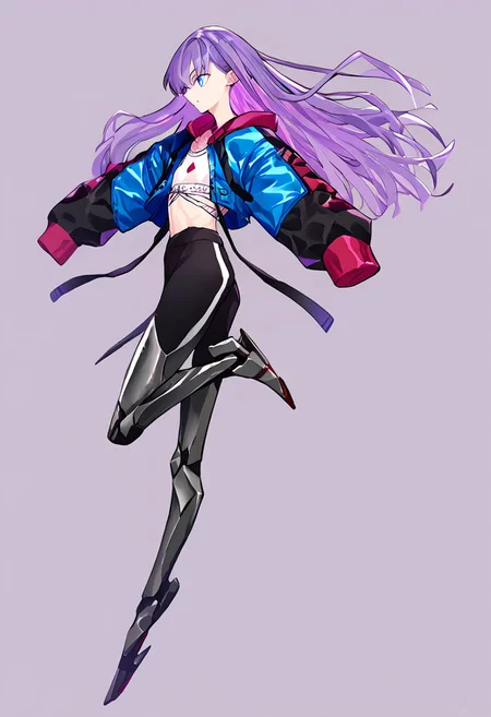 score_9, score_8_up, score_7_up, score_6_up, score_5_up, score_4_up, source_anime, 1girl,
arabesque_\(pose\), standing_on_one_leg, en_pointe,
long hair, purple hair, blue eyes, flat chest, ribbon, cropped jacket, sports bra, long sleeves, sleeves past fingers, leggins, mechanical legs,
masterpiece, best quality, very aesthetic, absurdres,