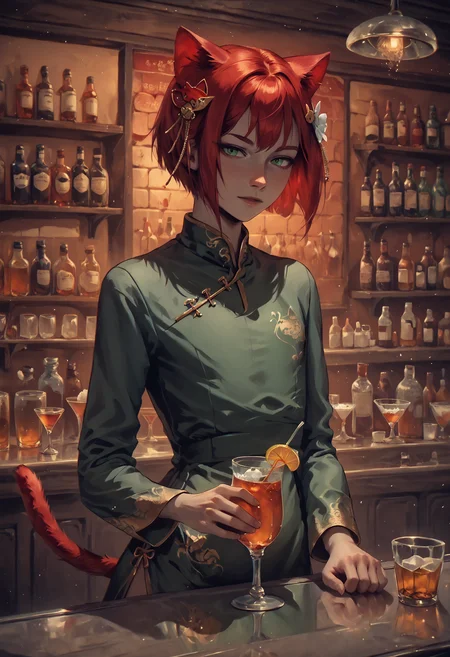 score_9, score_8_up, score_7_up, <lora:EverSpace_2_Style_PonyXL:0.6>, <lora:Cannabis_Shimajis_Yaoi_Assorted_Doujin_Artstyle_Blend_PonyXL:0.5>, n3ko, <lora:anti_human_ears:1>, 1femboy, trap, solo, cat red ears, cat red tail, bob hair, red hair, green eyes, fissure eyes, <lora:Expressive_H:0.3>, hair ornament, chinese dress, long sleeves dress, green dress, satin dress, <lora:0711 Chinese wedding dress_v1_pony:0.6>, good hand, <lora:Speakeasy__Jazz_Bar:0.6>, Sp3akeasy, Bar (place), bottle, drinking glass, indoors, bartender, alcohol, holding cocktail, <lora:LowKeyLightsPony:0.3>