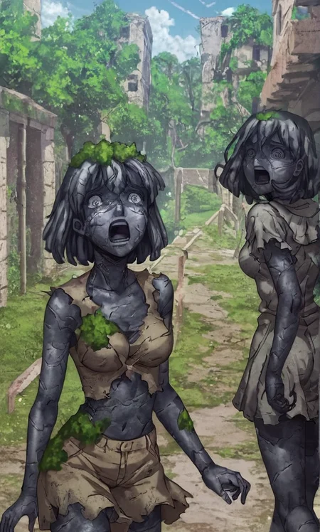 score_8_up, score_7_up, source_manga, rating_questionable, st0n3w0rld, turned to stone, stone statue, girl, scared expression, decayed clothing, cracks, growing moss, crumbling, plant growing, outdoors, group of people, <lora:Petrification_-_Stone_World_-_Dr_Stone:0.8>