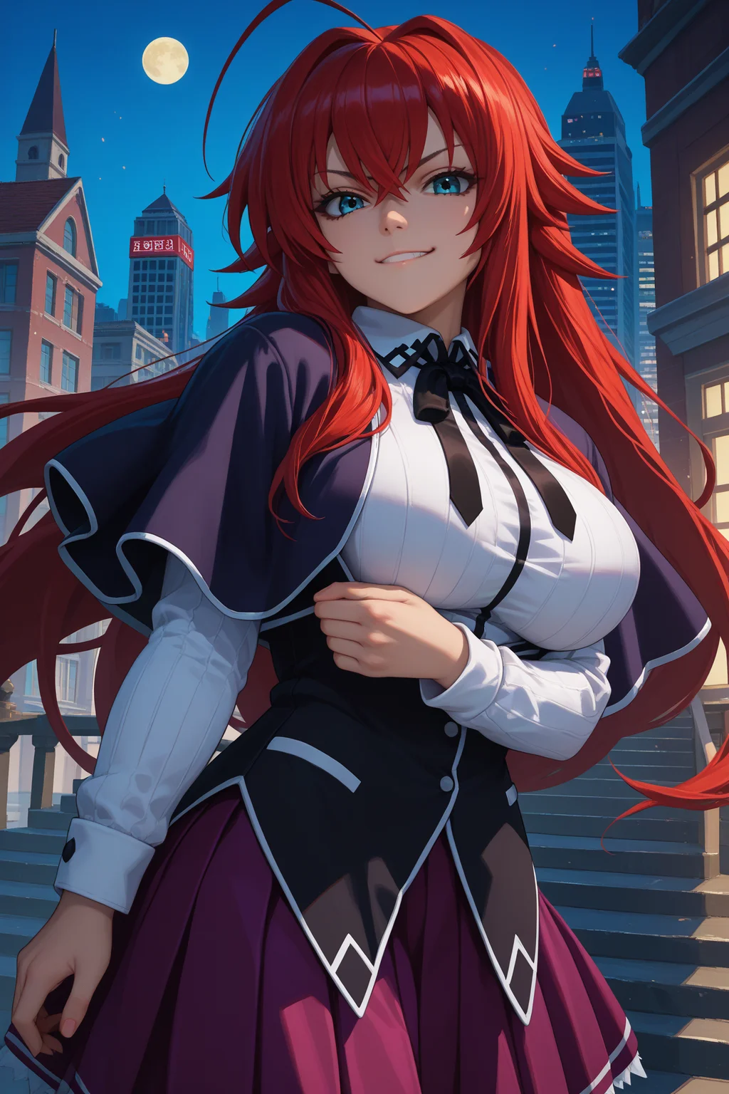 score_9, score_8_up, score_7_up, score_6_up, source_anime, 1girl, solo, <lora:rias-pdxl-nvwls-v1:1> dxdRG, red hair, ahoge, long hair, black capelet, neck ribbon, white shirt, long sleeves, school uniform, purple skirt, big breasts, looking at you, smirk, city, upper body, standing, night